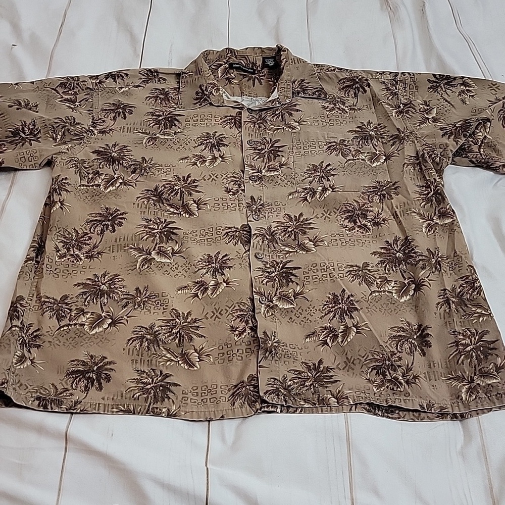 Pierre Cardin Brown Allover Hawaiian Shirt XXL Palm Trees Beach Ocean Islands